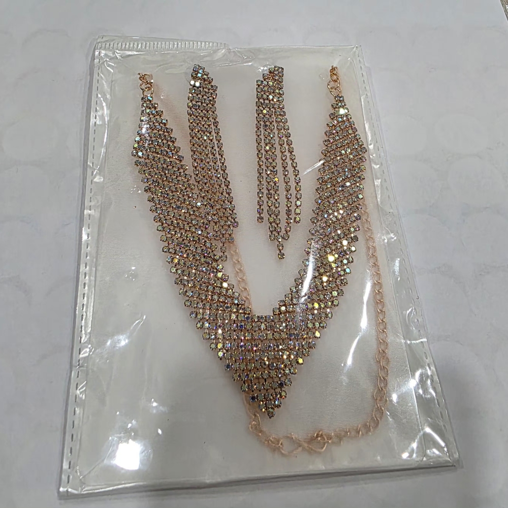 Rose-Tone Crystal V Necklace with Matching Drop Earrings